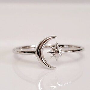 Moon Star Ring, Thin Crescent Moon Ring, Sterling Silver Women Ring, Boho Chic,